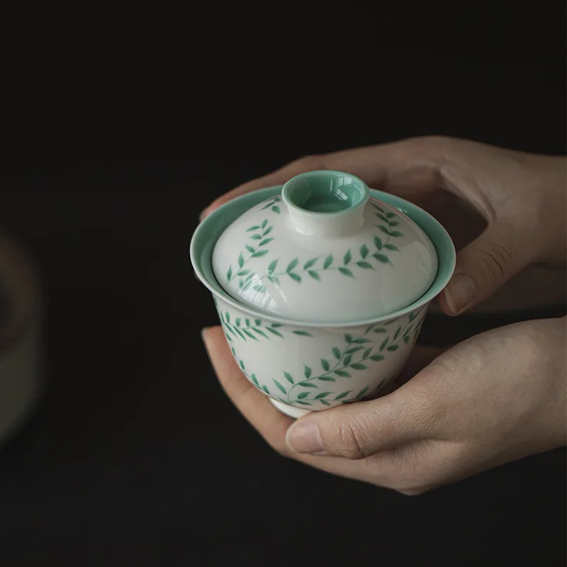 الكرمة رسمت باليد الكونغ فو مجموعة المنزلية السيراميك اليشم الطين الصقيل الداخلي الفيروز وعاء شاي أخضر الباحث Gaiwan #2