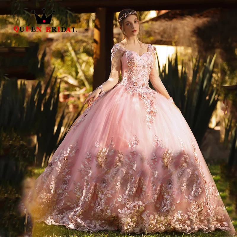 Vestidos de Quinceañera de encaje con lentejuelas elegantes, vestidos de cumpleaños de manga larga con escote Corazón, personalizado, 15 Quinceañera, H66X