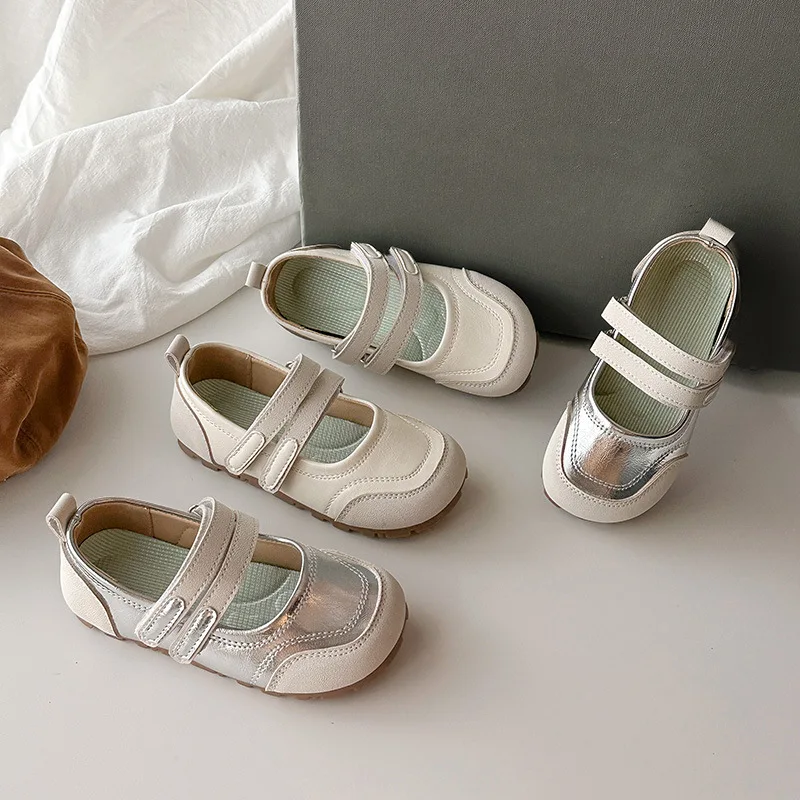Girls' PU Leather Shoes 2026 Spring Princess Style Summer Silver Scuff Children's Shoes