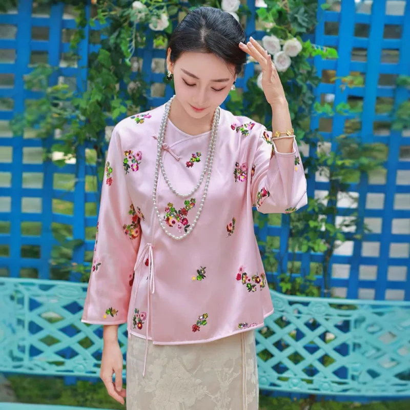 High-end Satin Acetate Women Jacket Top Colorful Beading Flowers Tang Suit Elegant Lady Loose Coat Female S-XXL