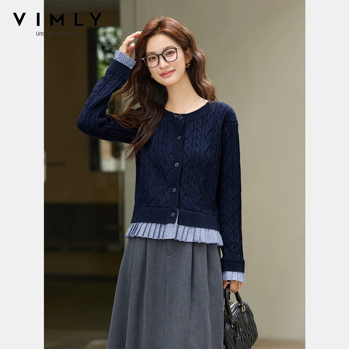 

VIMLY темно-синий женский кардиган, повседневные клетчатые полосатые свитера для женщин, вязаные джемперы с круглым вырезом, осень 2021, одежда 75186