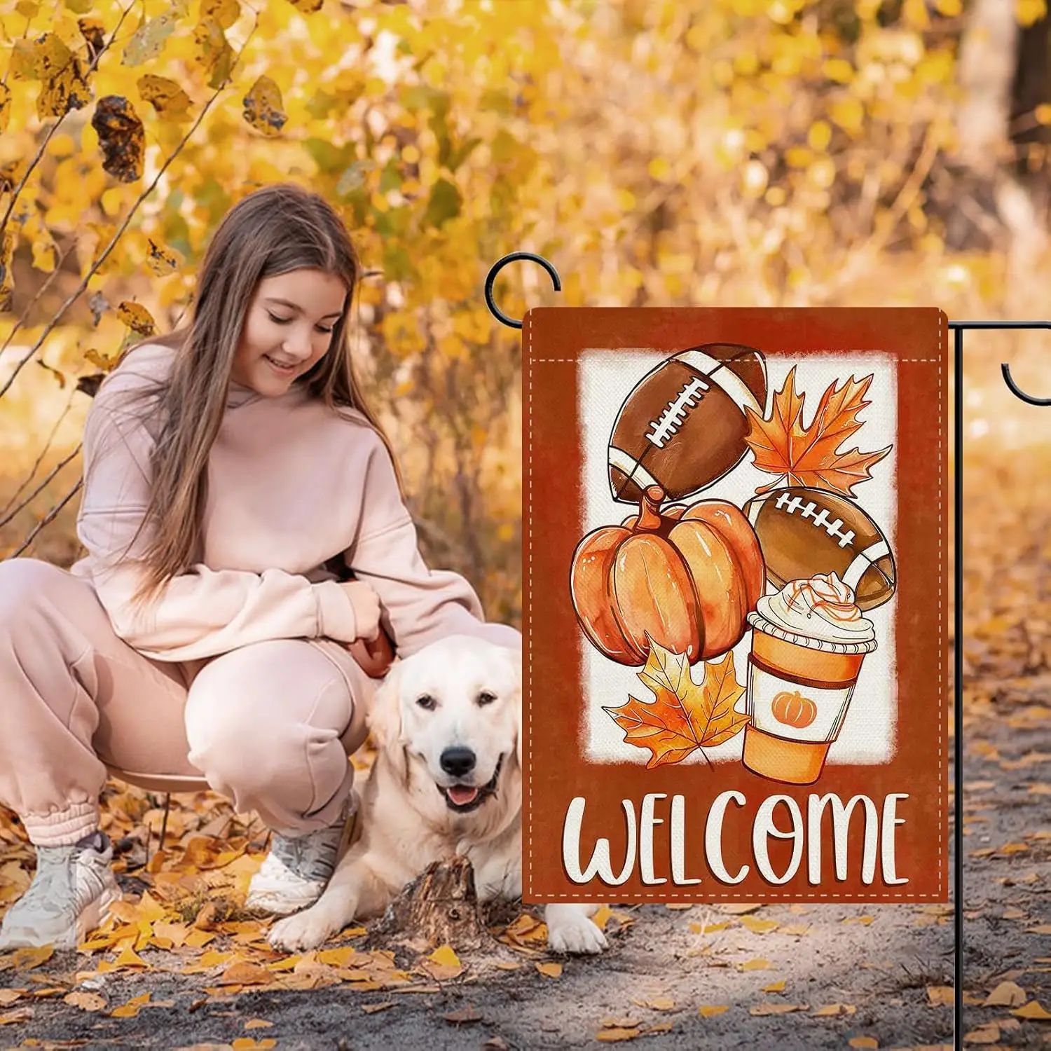 Dyrenson ترحيب الخريف كرة القدم اليقطين الزخرفية حديقة العلم، الخريف الرياضة لعبة يوم أوراق القيقب ساحة القهوة خارج المنزل D JHH #6