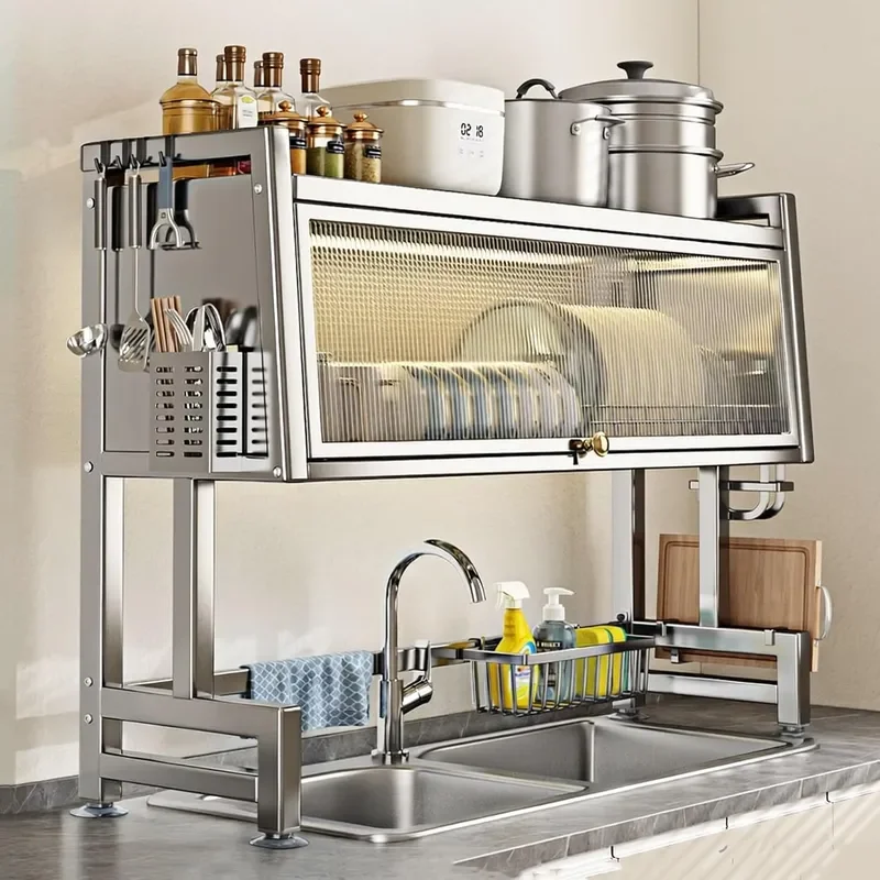 Stainless Steel Dish Rack with Flap Kitchen Counter Utensil Holder Organizers Escurridor De Platos para Fregadero Vertical