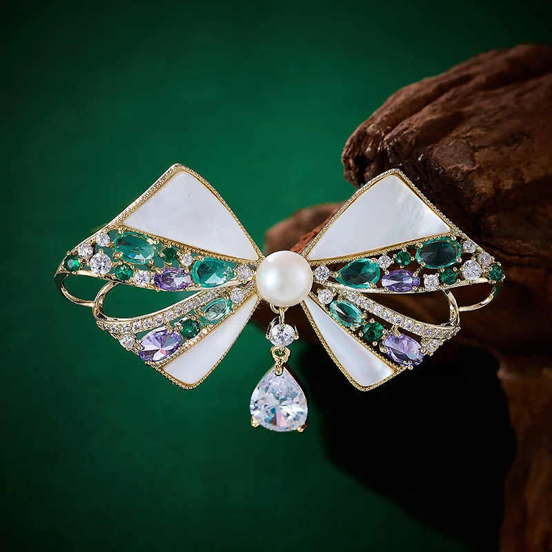 Chinese Style Lucky Auspicious Bowknot Brooch Natural Abalone Shell Freshwater Pearl Drop Zircon Luxury For Women Banquet Suit