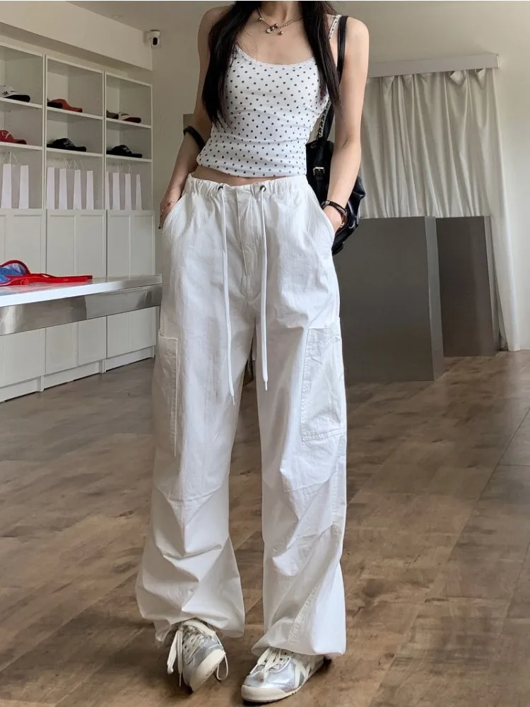 HOUZHOU White Baggy Women Cargo Pants Y2k Vintage Pleated Trousers Korean Fashion Casual Wide Leg Parachute Pants Loose Hip Hop