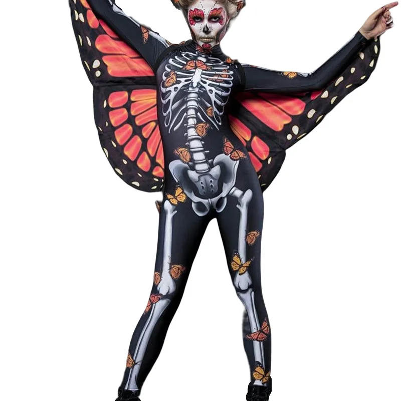 

Halloween Cosplay Costume Jumpsuit Butterfly Cape Catsuit Family Parent-Child Suit Skeleton Printed Clothing