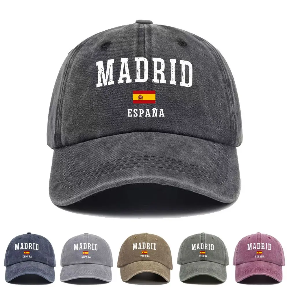 Vintage Washed Baseball Cap Madrid Spain Flag Print Graphic Unisex Streetwear Casual Trucker Style Summer Cotton Sun Hat