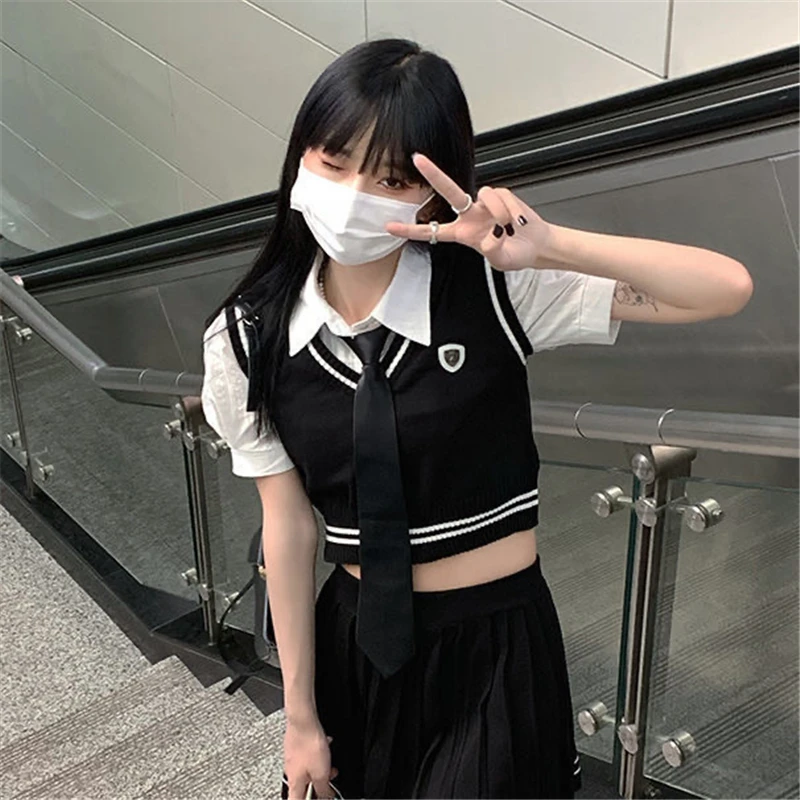 Japanese School Uniform Gyaru College Style Korean Students JK Uniform Hot Girl Puff Sleeve White Shirt Knitted Vest Summer Sets