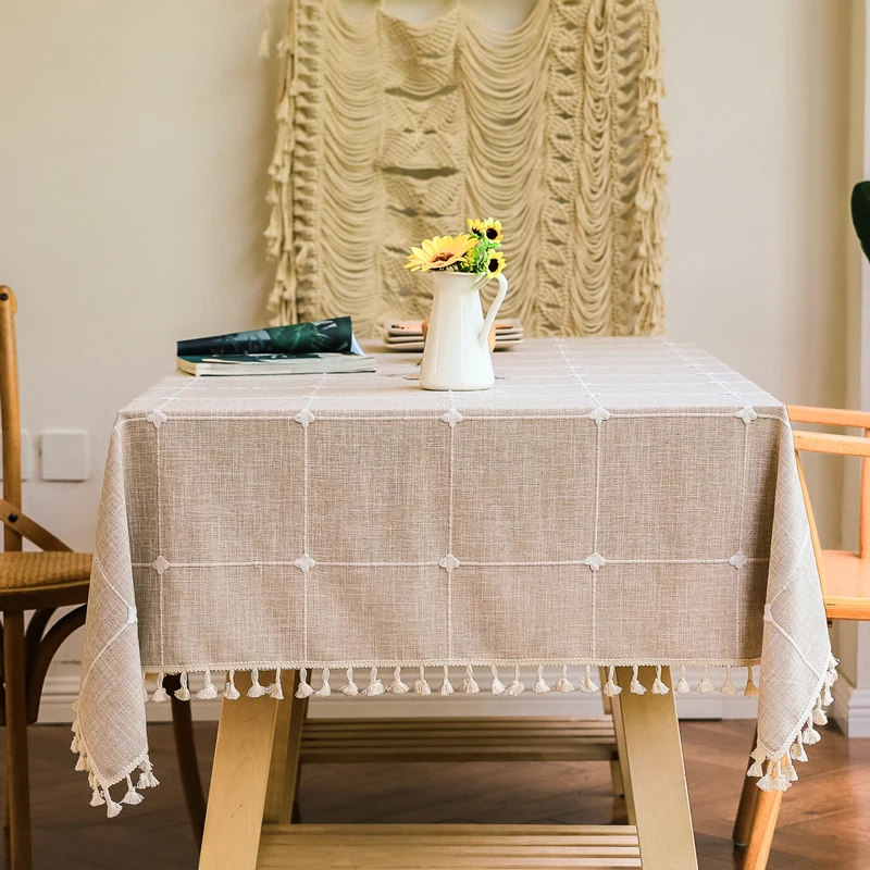 

Rectangle Tablecloths Boho Grid with Tassels Embroidered Table Cloth Cover Linen Look Farmhouse Plaid Checked Kitchen Decoration