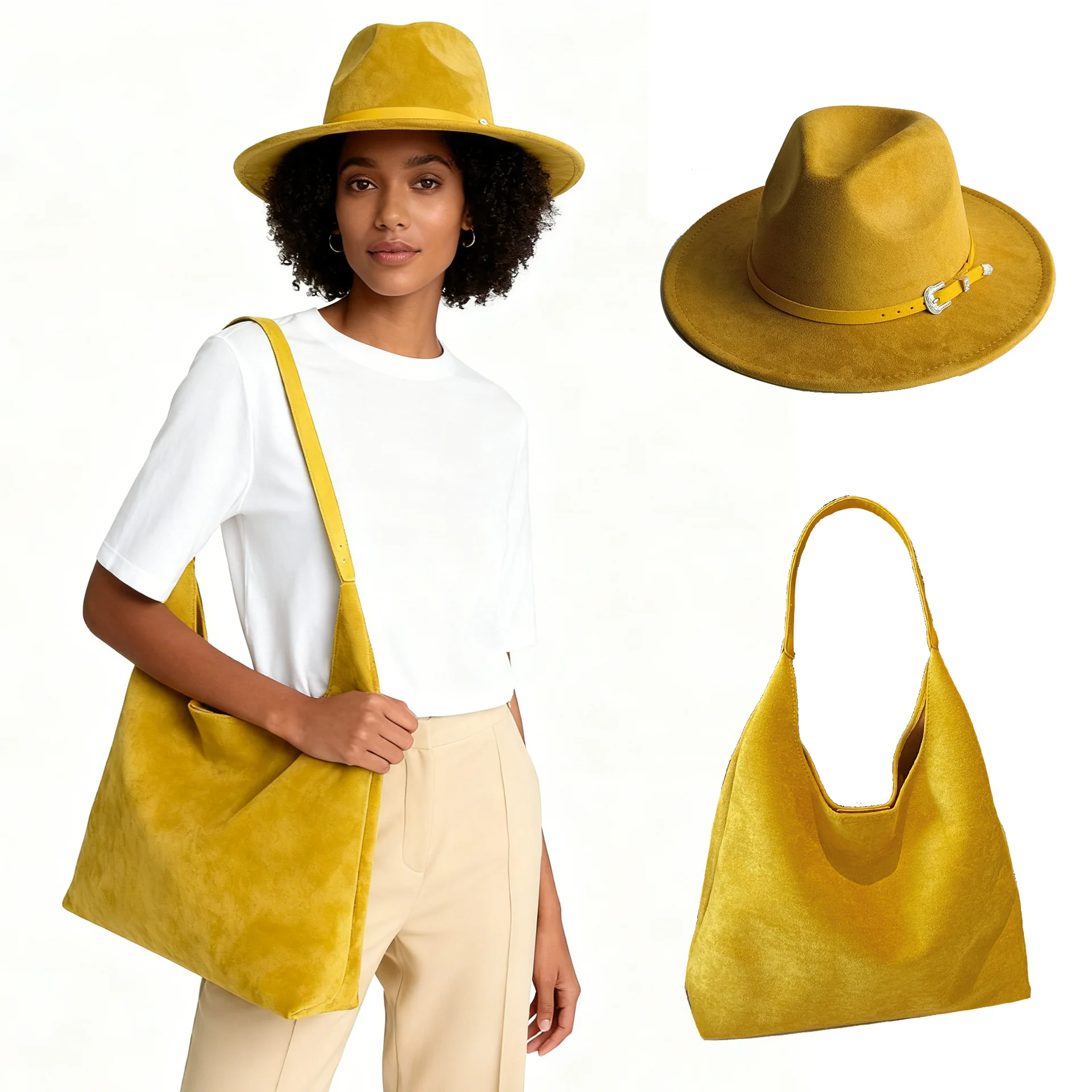 Gelbe Wildleder-Hut- und Tasche, Damentasche, große Kapazität, Wildleder-Umhängetasche, einfarbig, einfache lässige Pendlertasche, Retro-Handtaschen