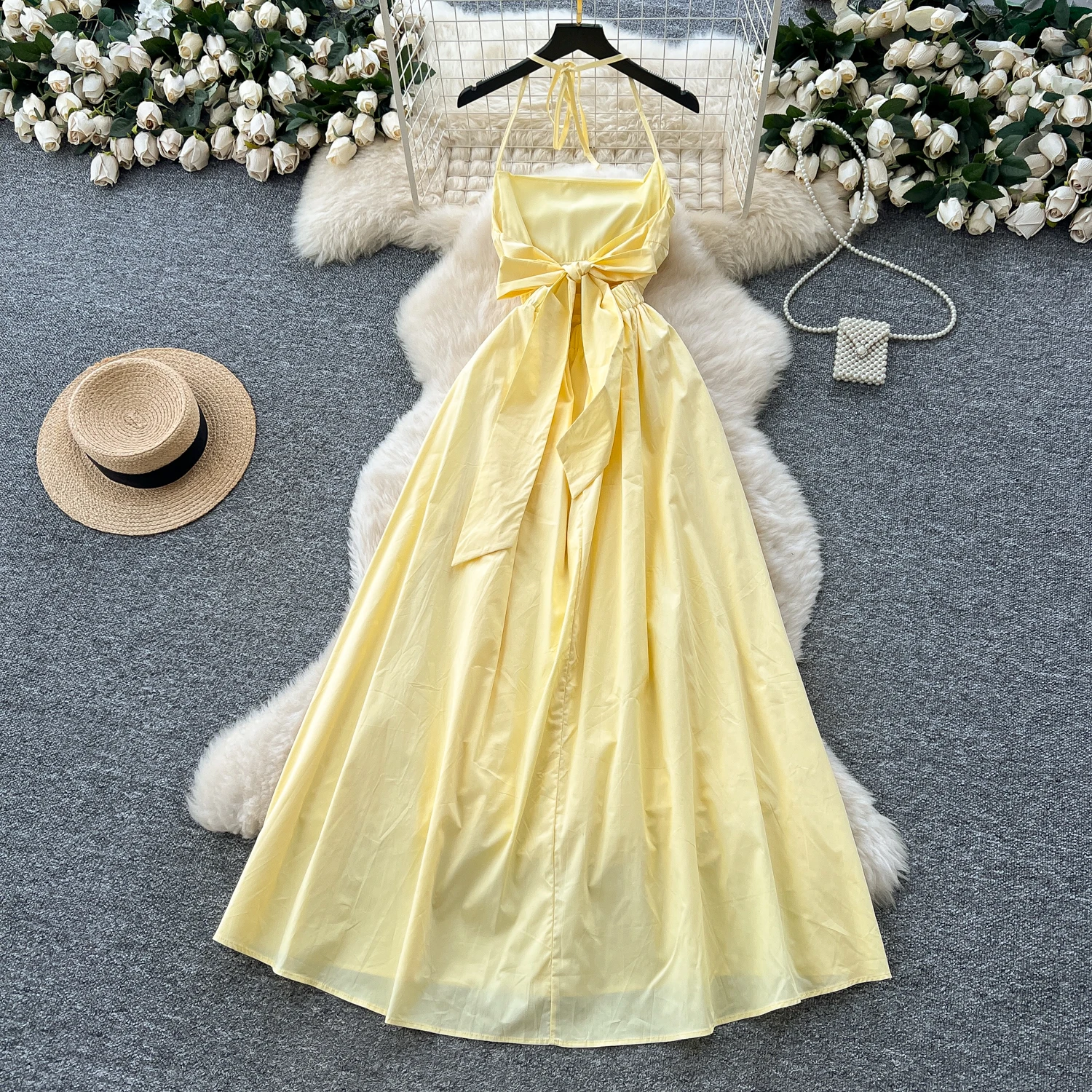 Chic Sexy swinging collar halter sleeveless Ruched Fairy A-line loose Summer  Women Boho Sundress  women clothing