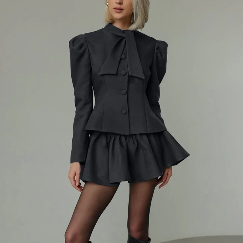 

Fmxires Fashion Short Skirts Two Piece Set Female Bow Tie Long Sleeve Coat Top Pleated Skirt Women's High Waist Suit Autumn New