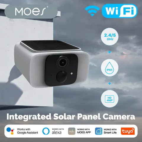 ​ ​ Cámara de seguridad solar inteligente MOES, banda dual WiFi 2,4/5 GHz, resistente al agua IP65, monitoreo de aplicación/Alexa/Google Home, Tuya