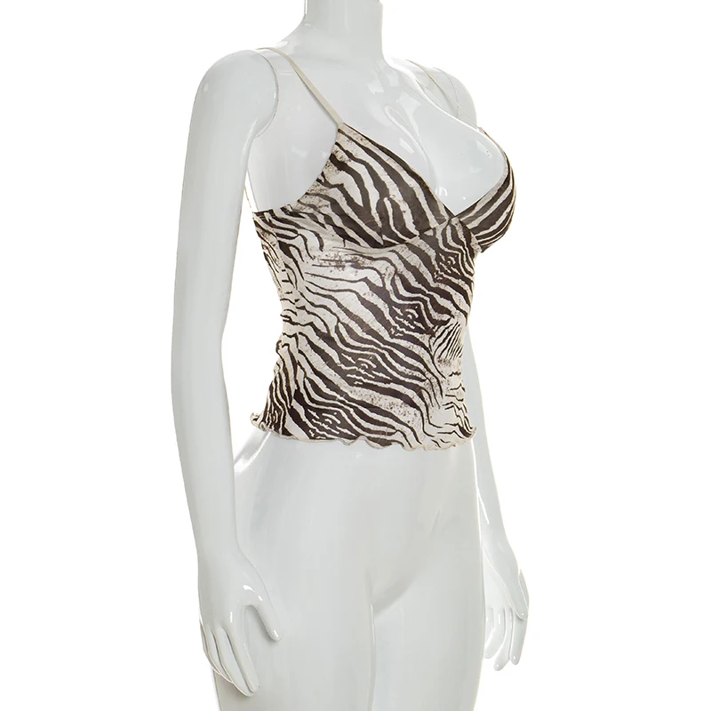 Spicy Girl Style Mesh-Top mit Zebramuster, Spitze, kurzem, offenem Nabel und V-Ausschnitt mit Netzriemen – Detail 8