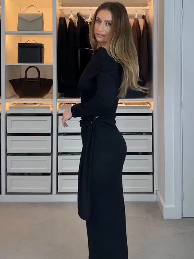 HH mujeres de manga larga Slash Neck Metal plisado decoración vestido Casual ajustado vestido largo femenino primavera sólido elegante vestido de fiesta