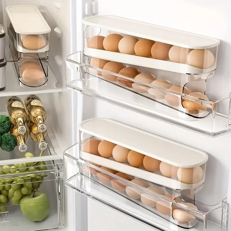 Automatisch drehbarer, transparenter Eierhalter |   2-lagiger Kühlschrank-Organizer, Aufbewahrung aus PET/PP mit Frische |   Platzsparende Küchenutensilien