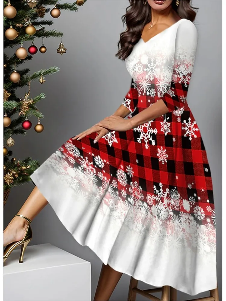 

Autumn Winter Christmas Edition Snowflake Digital Printed Dresses for Women Fashion Elegant V Neck Waist Cinched Party Dress