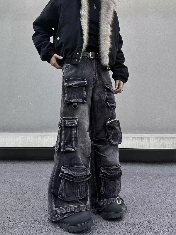 American Retro Heavy Du Multi ket Workwear Jeans Men's Loose Straight Leg Wide Leg Pants Casual Versatile Long Trousers