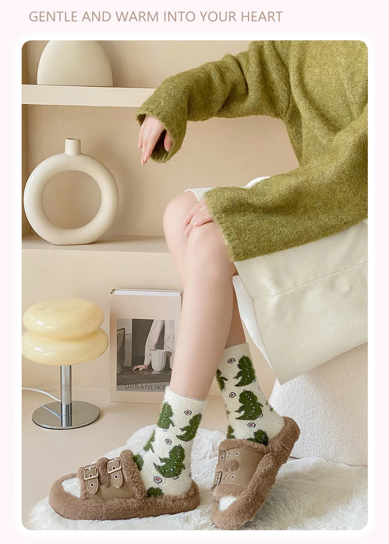 3/6 Paar Winter-Socken für Damen, niedliche Cartoon-Kuh-Socken aus Nerzvelours, weiche, mittelhohe Socken, flauschige, thermische, weiche Dinosaurier-Socken – Detail 11
