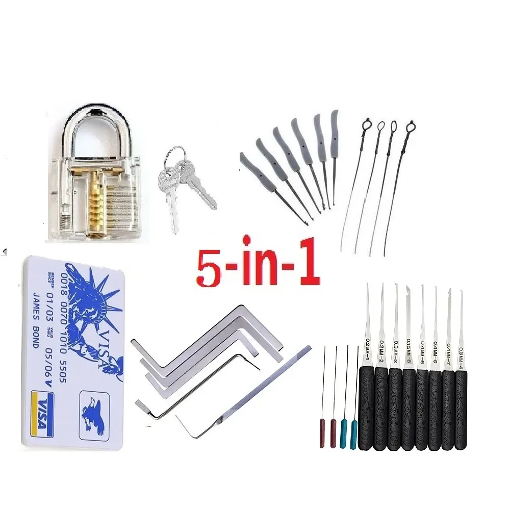 5in1 Full Locksmith Supplies Hand Tools Lock Pick Set Row Tension Wrench Tool Broken Key Auto Extractor Remove Hook Hardware