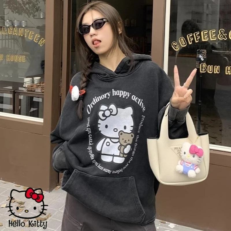 

Sanrio Hello Kitty Vintage Black Hoodies Kawaii Anime Hooded Sweatshirt Harajuku Long Sleeve Pullover Loose Hoodies For Women