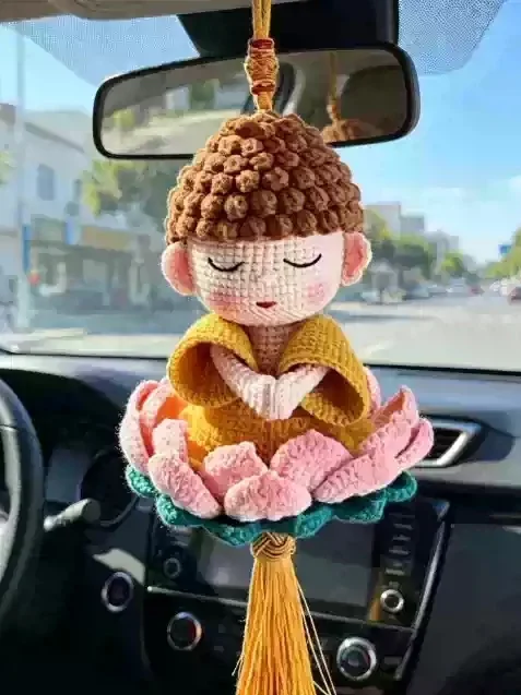 Hand Knitted DIY Material Kit Cute Buddha Doll Car Hanging Ornament Crocheted with Yarn Crafts Finished Product