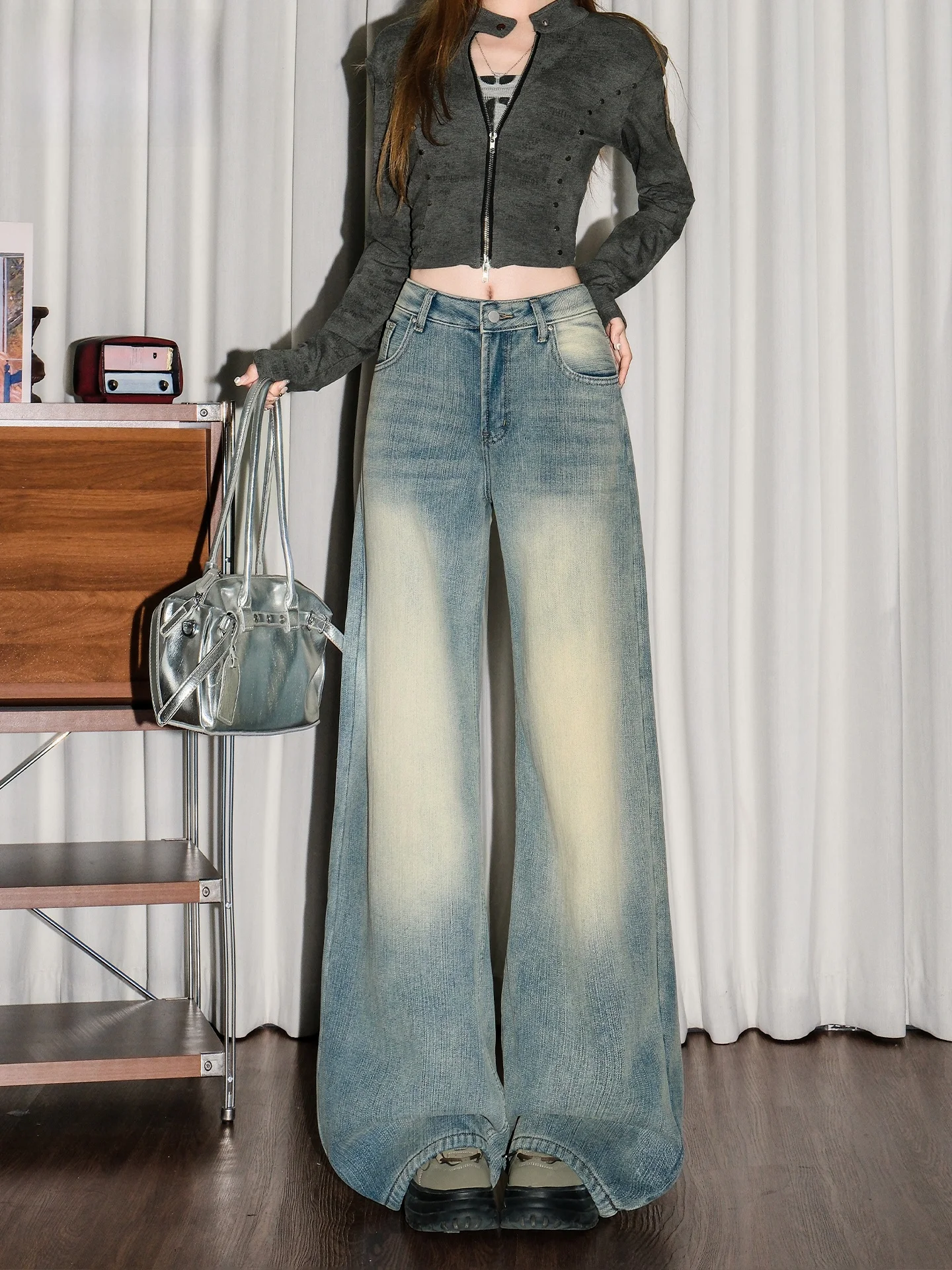 

Американские винтажные джинсы с бамбуковой текстурой, широкие штанины, женские, новинка 2026, свободные, стройнящие, повседневные, весенние, из хлопкового денима