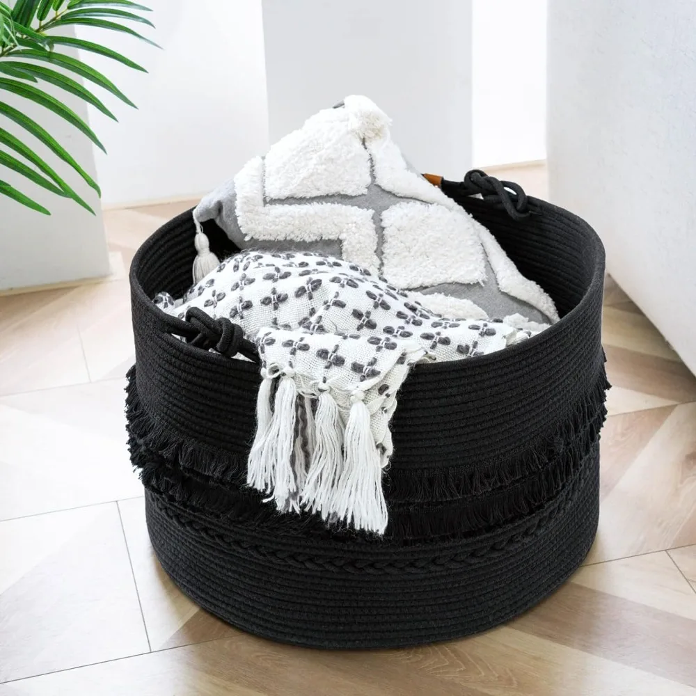 CherryNow Extra Large Black Laundry Basket, Rope Storage Basket Bathroom, Bedroom, Entryway, Big Blanket Basket Pillows