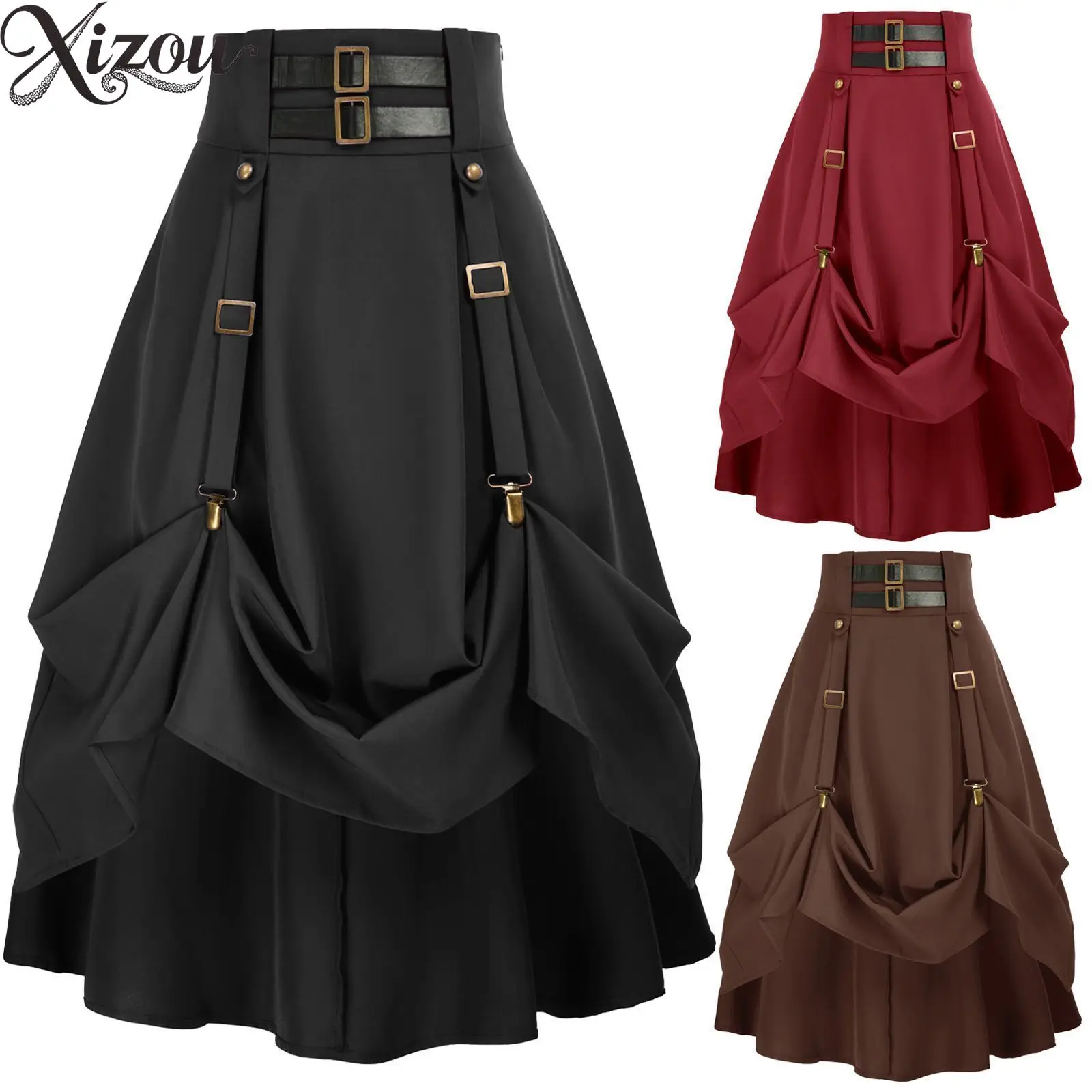 Women Victorian Steampunk Gothic Skirt Vintage Retro Mid-Length A-Line Ruffle Swing Skirks High Waist Layered Ruched Medieval