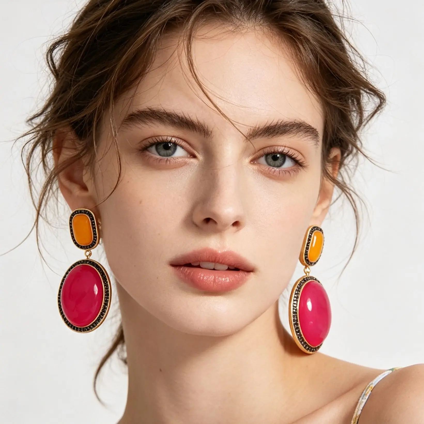 ZA wind color resin oval earrings, heavy industry diamond-set geometric contrasting color high-end versatile earrings