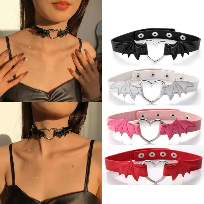 Retro Gothic Leather Necklace for Women Punk Bat Cat Choker Necklace Harajuku Heart Wing Collar Necklace Halloween Party Jewelry