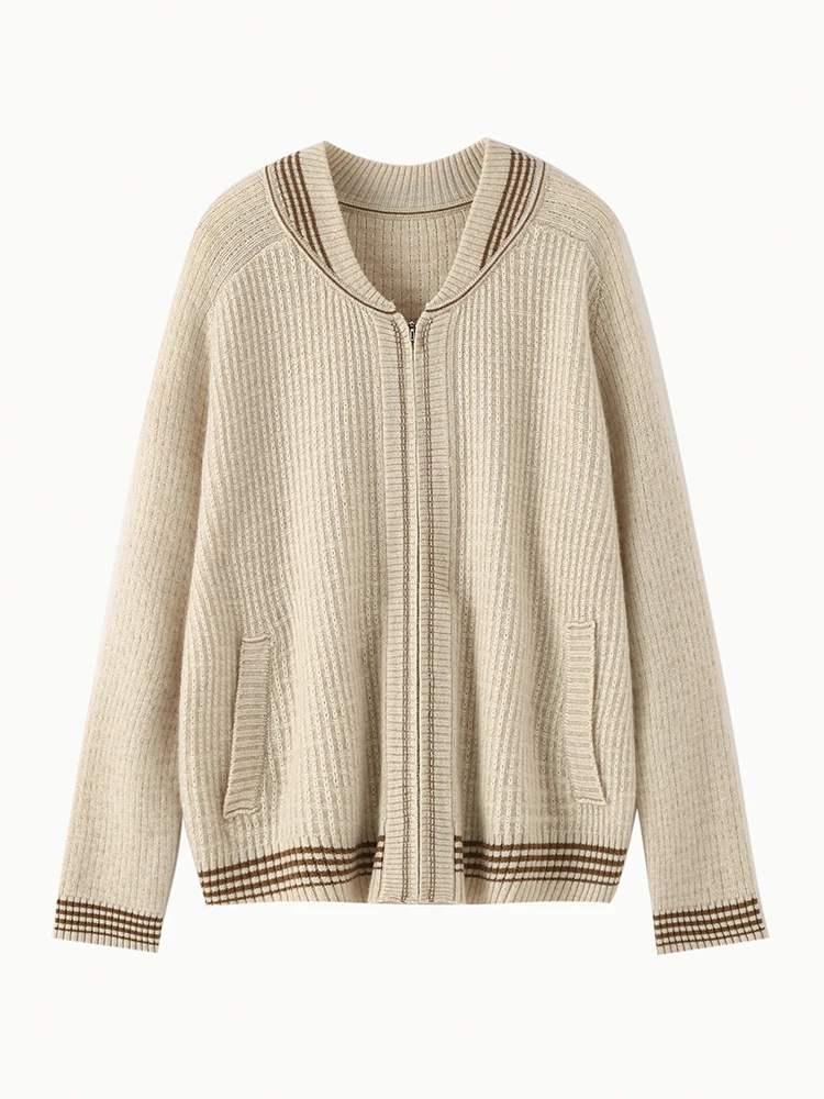 

Aliselect Women's 100% Cashmere Thickened Sweater Autumn Winter Long Sleeve O-Neck Solid Color Zippered Knitted Jacket Cardigan