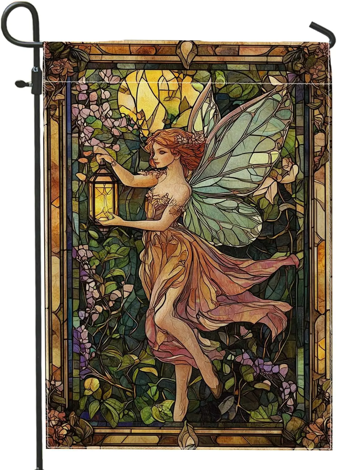 Spring Summer Stained Glass Fairy Garden Flag, Multicolor Nature Art Butterfly Landscape Outdoor Decor Banner, Double Sided  LLE