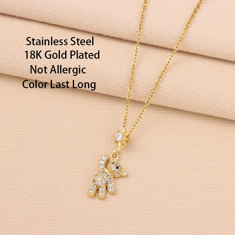 New Cute Hello Bear Pendant Necklaces For Women Temperament Fashion Stainless Steel Female Clavicle Chain Ladies Neck Jewelry