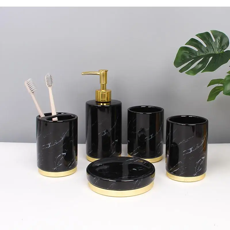 

Black Gold Marble Bathroom Supplies Toothpaste Dispenser Ceramic Lotion Bottle Toothbrush Holder Cotton Swab Box Storage Tray