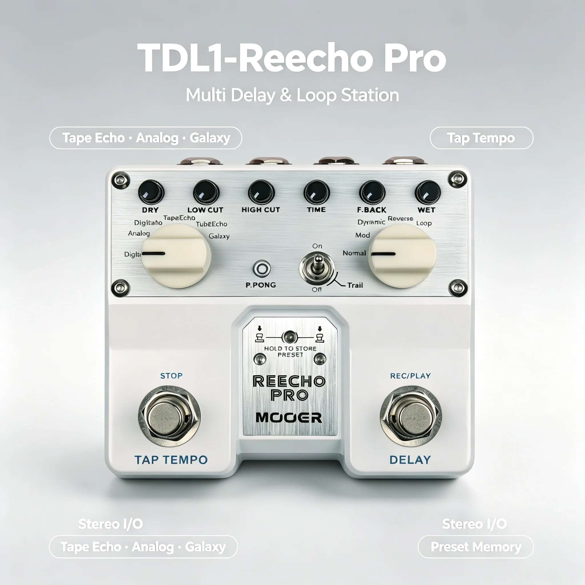 MOOER TDL1 Reecho Pro Digital Delay Pedal with 6 Delay Types Loop Tap Tempo Preset Storage Stereo True Bypass