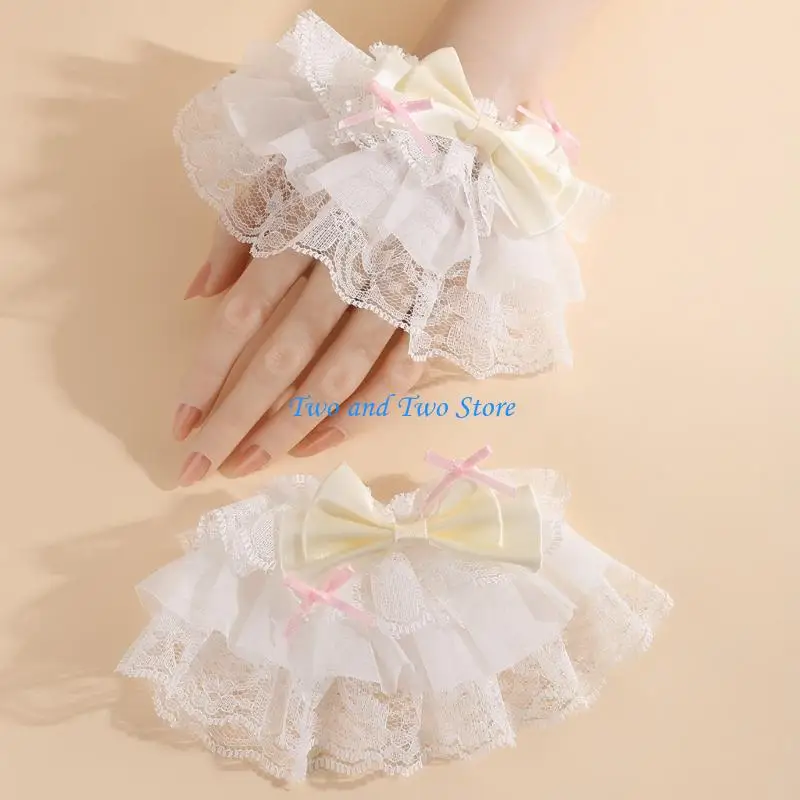 HX6F 1 Pair Anime Themed Lace Sleeves with Bows Detail Detachable Sleeve Breathable Polyester Design for Anime Fashion