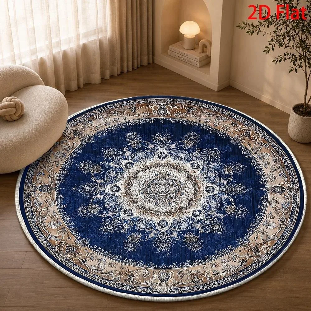 Luxurious Cream Blue Paisley Scroll Round Area Rug Non Slip Floor Mat Washable Carpet For Classic Elegant Home Decor Gift