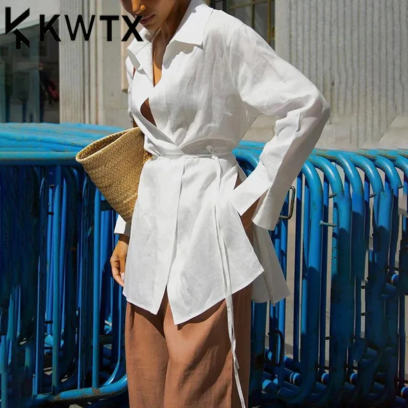 

KWTX Soild Patchwork Lace Up Casual Blouse For Women Lapel Long Sleeve Loose Minimalist Shirts Female Fashion Clothes Shirts2025