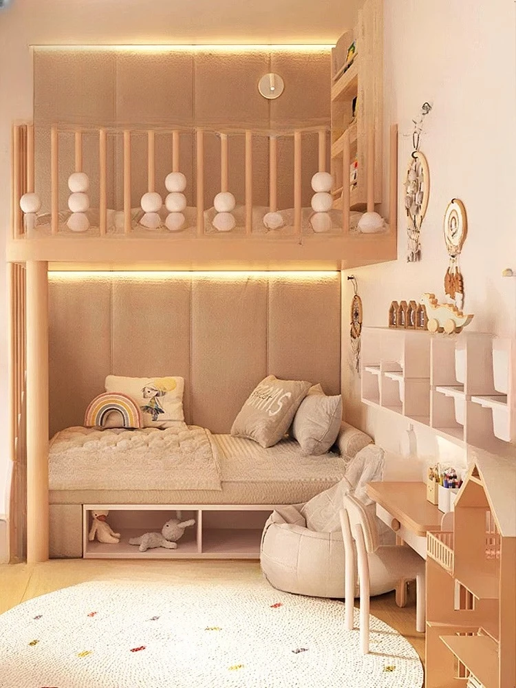 Kamar anak perempuan yang kreatif dengan tempat tidur setengah tinggi, rumah bermain bayi dengan seluncuran