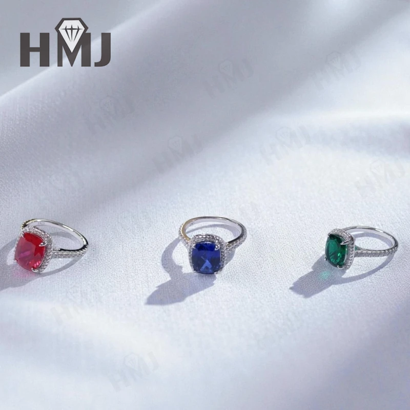 Lab Grown Gemstone Ring with2.5-3.82CT Chubby Rectangle Ruby Sapphire Colombian 925 Silver Circlet As Anniversary Gift Christmas