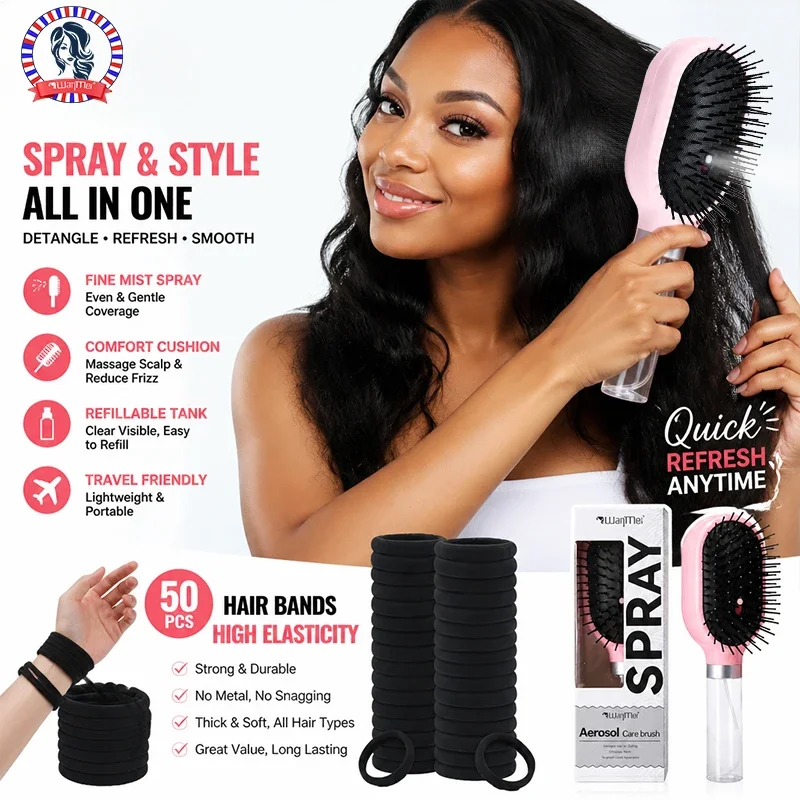 51Pcs Hair Care Set Refillable Fine Mist Spray Air Cushion Comb + 50Pcs High Elastic Black Hair Ties Portable Salon Styling Tool