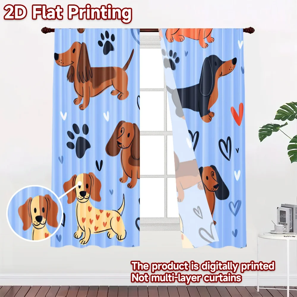 2D flat printing 2pcs Curtain Cute Dachshund Dog Digital Printed Polyester Drapes Festive Wall Decor Use for Festive Portraits