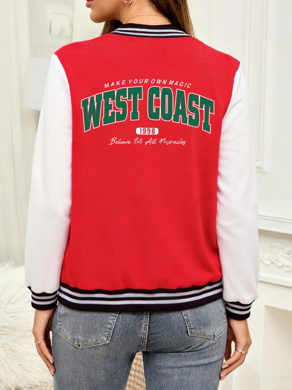 

West Coast 1998 Creative Fonts Prints Baseball Coat Women Comfortable Loose Jackets Winter Warm Tops Basics Pocket Woman Clothes