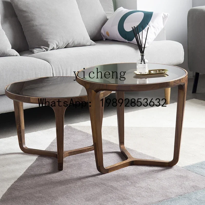 

X3 round Small Apartment Living Room Solid Wood Coffee Table Simple Modern Glass Black Walnut Side Table