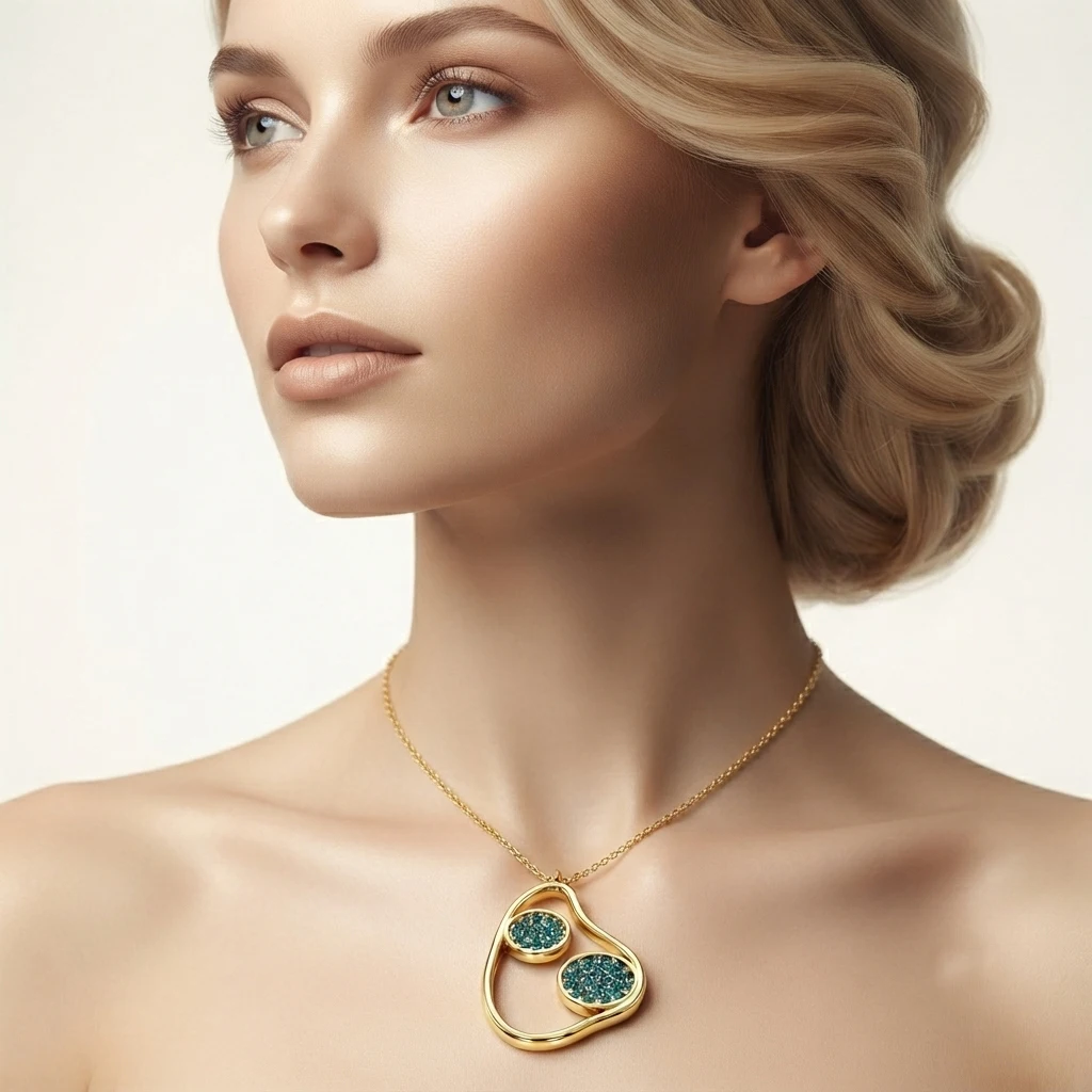 Women Abstract Irregular Hollow Heart Pendant Necklace Gold Tone Micro Pave Green Zircon Minimalist Fashion Jewelry Daily Wear