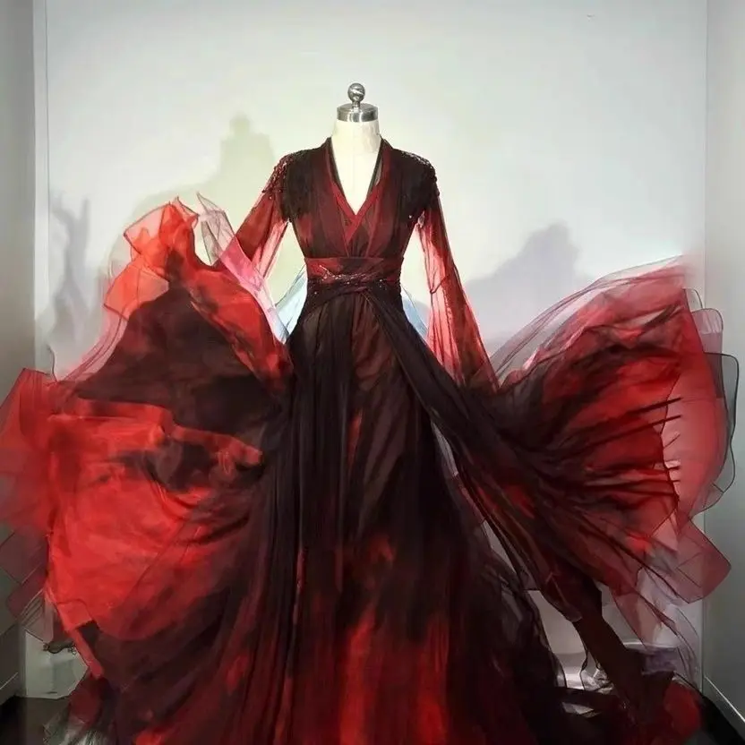 

Ju Jing Style Hanfu Classical Dance Fairy Lotus Chinese Dance Black And Red Flared Skirt Elegant Performance Costume