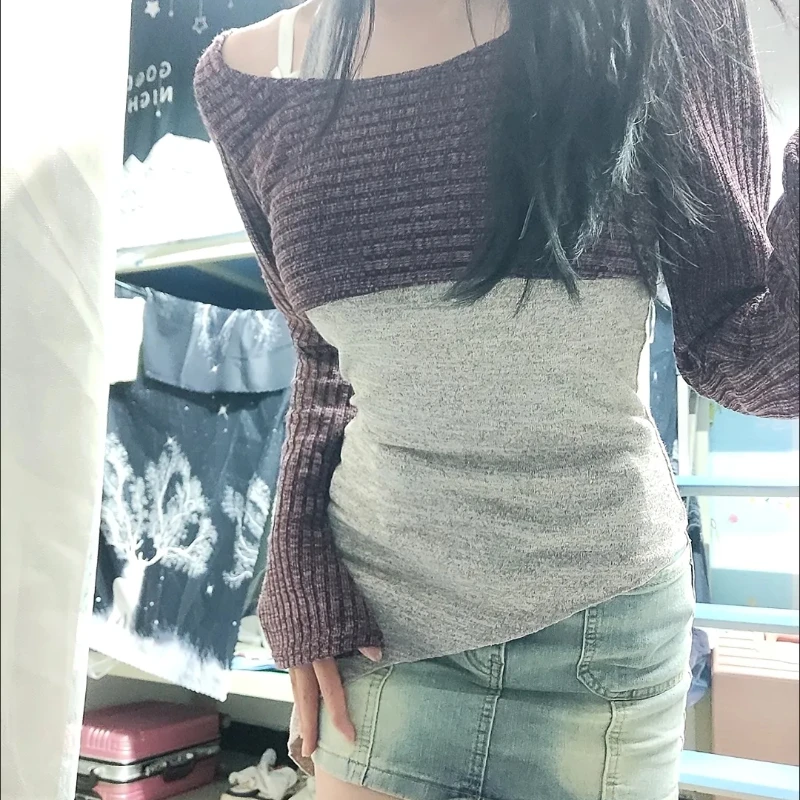 Women Sets Solid Simple Slim Sexy Hollow Out Long Sleeve Tops Knitting Asymmetrical Autumn Fashion Design Vintage Hot Girls