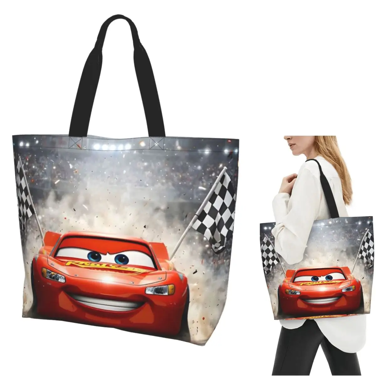 

95 Lightning McQueen Shopping Tote Bag Canvas Large Capacity Shoulder Bags Shopper Grocery Handbag for Women