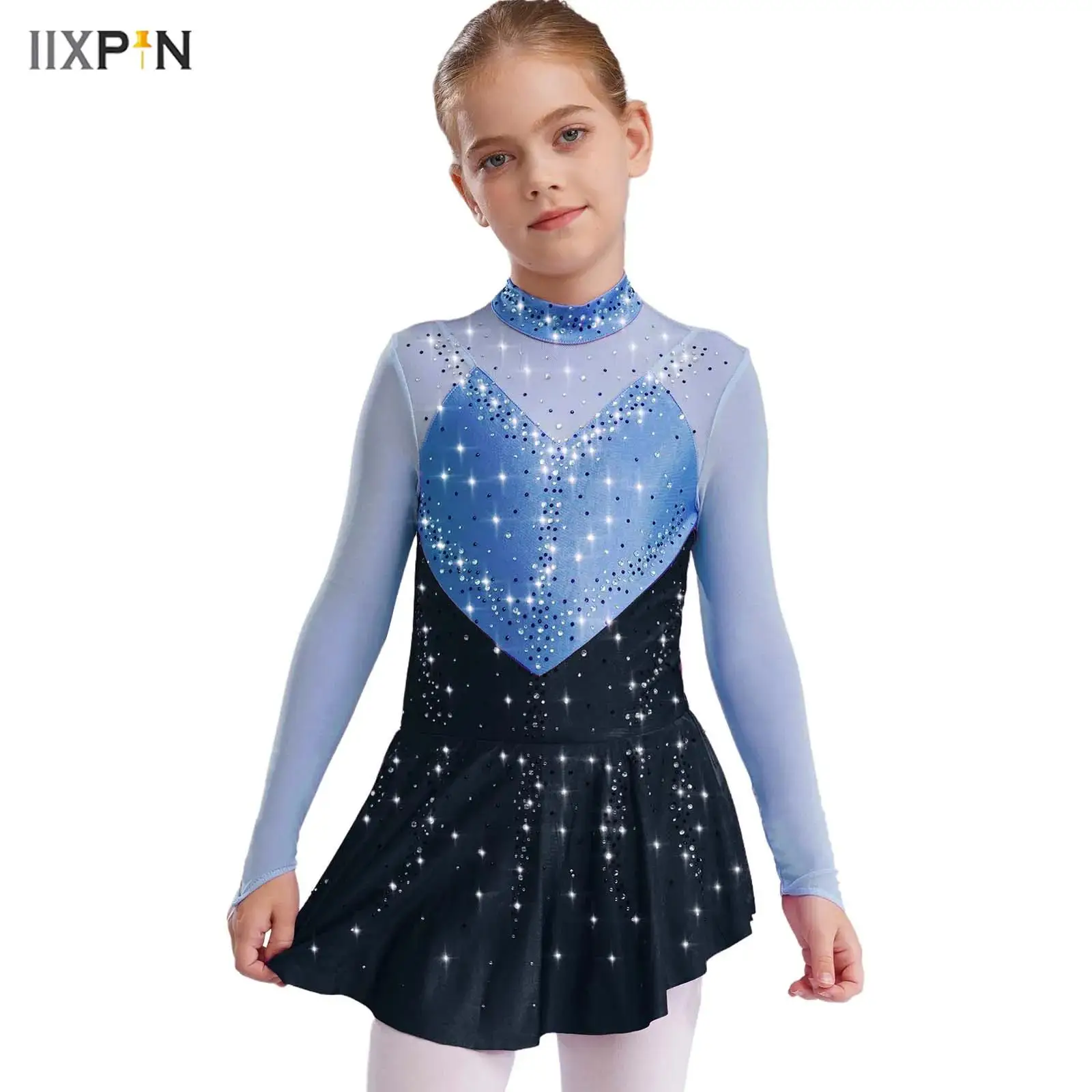 

Kids Girls Figure Skating Dress Long Sleeve Color Block Sheer Mesh Patchwork Shiny Rhinestones Ballet Gymnastics Leotard Dress